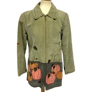 Quacker Factory Women's Long Sleeve Leather Zip Up Green Pumpkin Blazer Size M